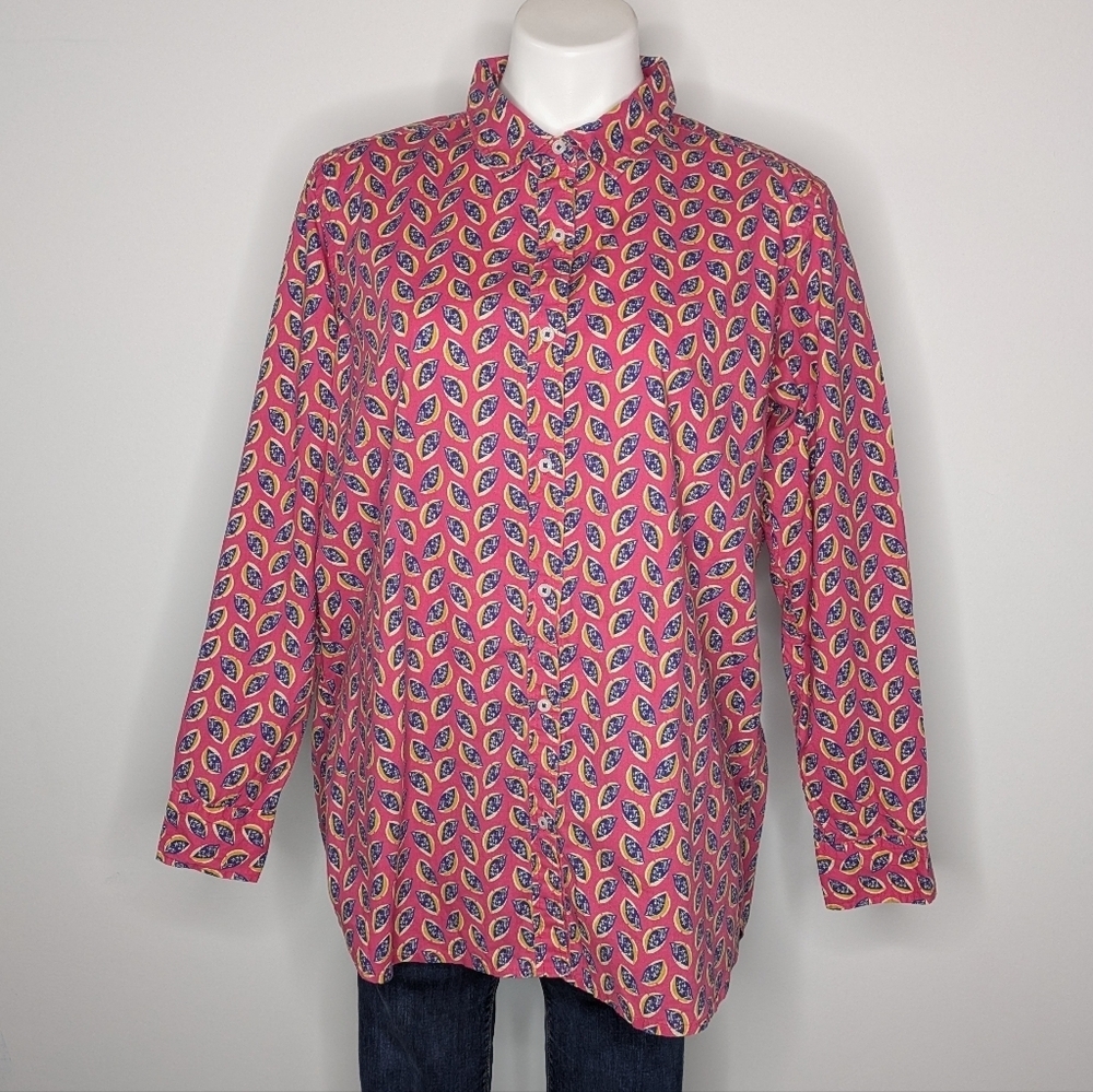 Rock Flower Paper Pink Blue Yellow Long Sleeve Cotton Button Up L